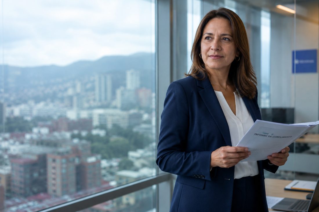 Asesora de INMMAS revisando un sistema de cumplimiento en una oficina corporativa en Colombia